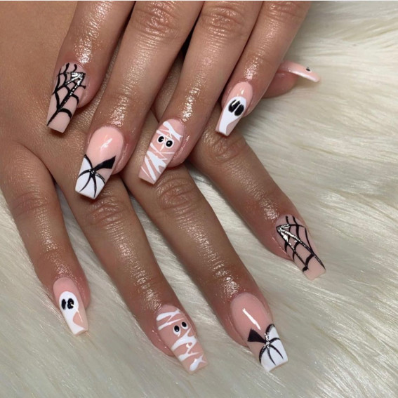 47 Cute & Spooky Halloween Nail Ideas 2022 : Ghost, Mummy and Spiderweb Acrylic Nails