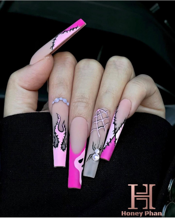 47 Cute & Spooky Halloween Nail Ideas 2022 : Pink Halloween Acrylic Long Nails