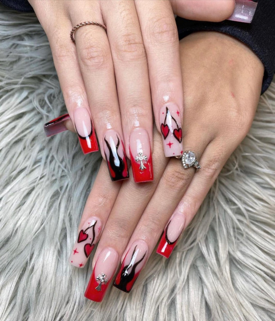 47 Cute & Spooky Halloween Nail Ideas 2022 : Red Halloween Acrylic Nails