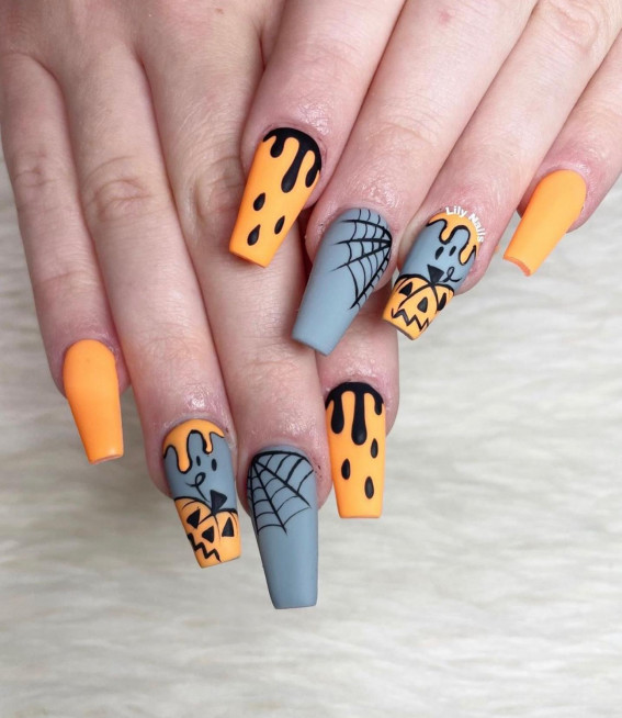 47 Cute & Spooky Halloween Nail Ideas 2022 : Matte Grey and Orange Nails