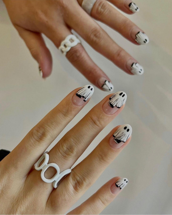 47 Cute & Spooky Halloween Nail Ideas 2022 : Spooky Ghost French Tips