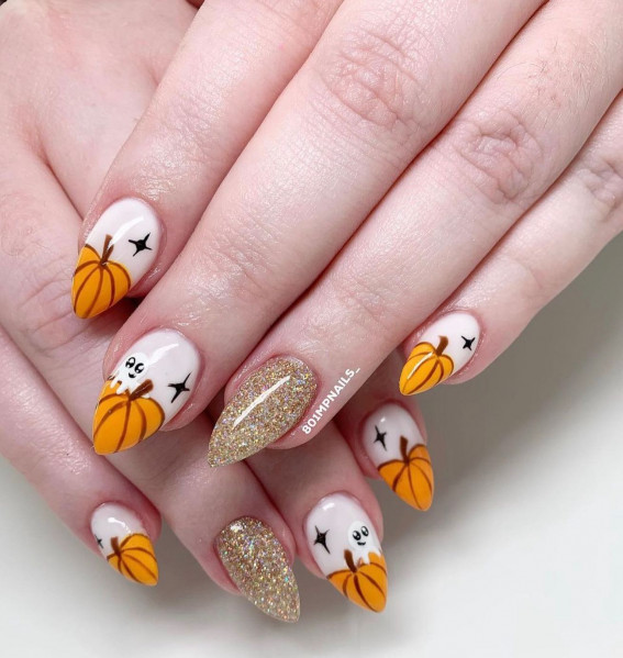 47 Cute & Spooky Halloween Nail Ideas 2022 : Orange Pumpkin Tip + Glitter Nails