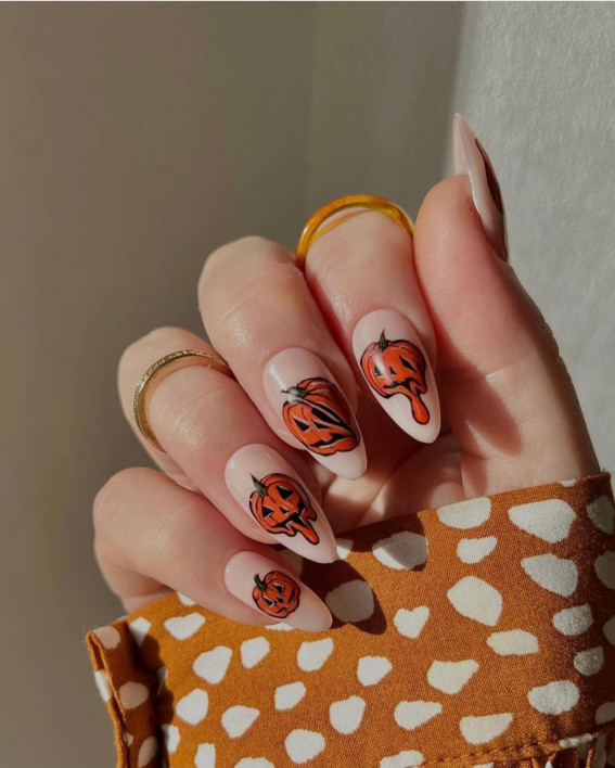 47 Cute & Spooky Halloween Nail Ideas 2022 : Dripped Pumpkin Nails
