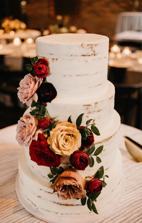 rustic wedding cake, semi-naked wedding cake, burgundy flower wedding cake, autumn wedding cake