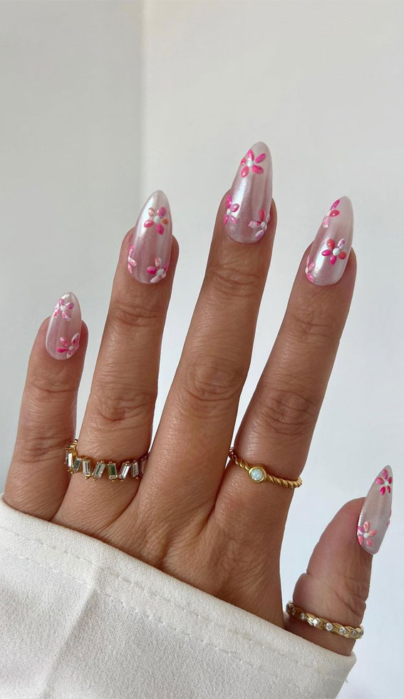 40 Glazed Donut Nails Summer Nail Trend 2022 : Pink Floral Glazed Donut Nails