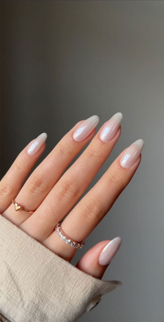 White with chrome powder Unicorn effect White nails