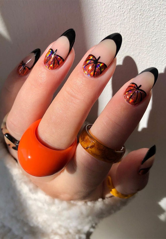 47 Cute & Spooky Halloween Nail Ideas 2022 : Orange Pumpkin + Black French Tips