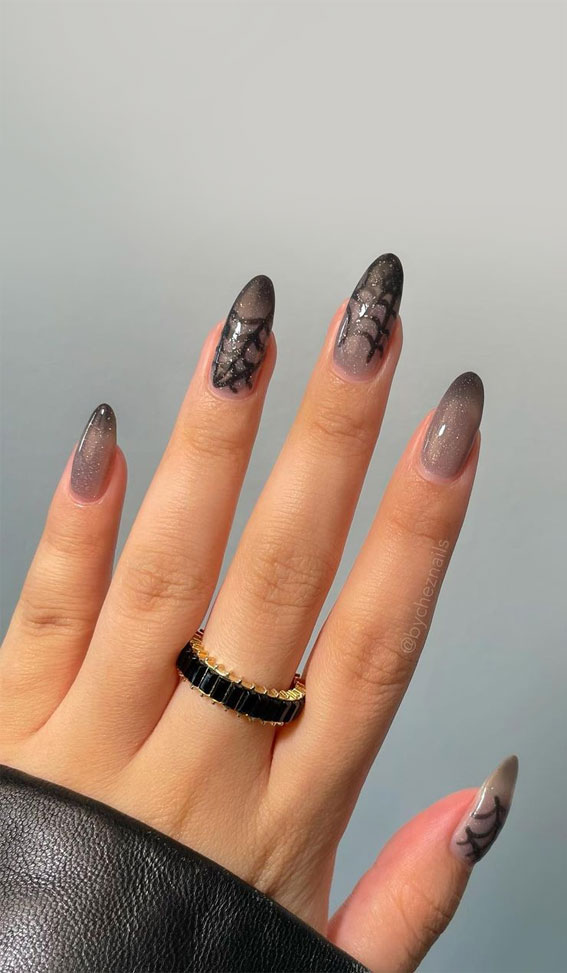 47 Cute & Spooky Halloween Nail Ideas 2022 : Ombre Dark Gray Sparkly Spiderwebs