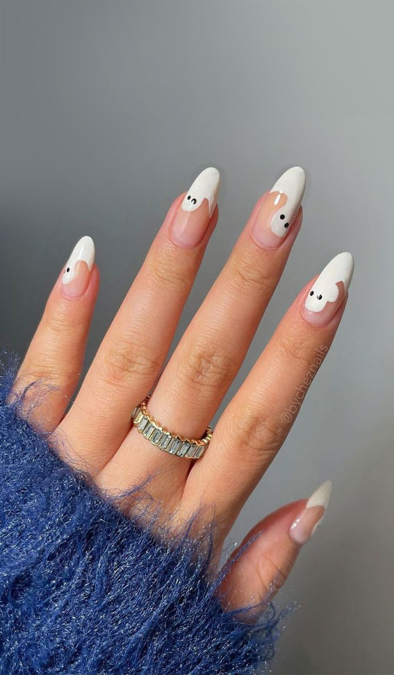 47 Cute & Spooky Halloween Nail Ideas 2022 : Little Ghost French Tips