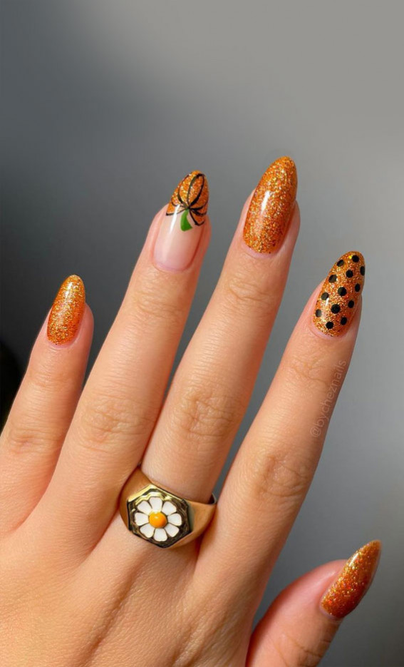 47 Cute & Spooky Halloween Nail Ideas 2022 : Glittery Orange + Pumpkin Tip Nails