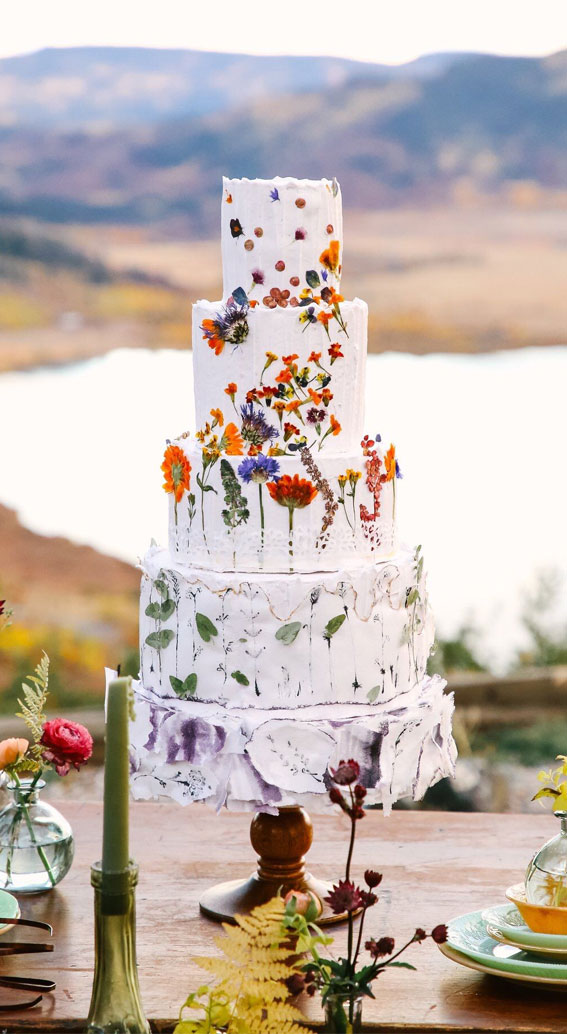 dried flower wedding cake, press floral cake, autumn wedding cake