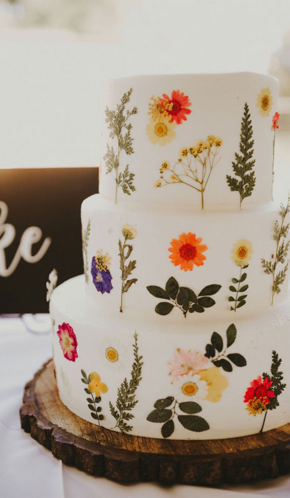 pressed edible wild flower cake, dried flower cake, wedding cake, rustic wedding cake