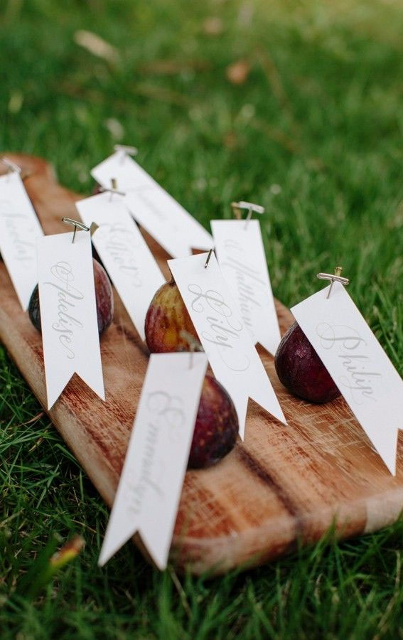 escort card display, outdoor escort card display, boho wedding ideas, fruit escort cards