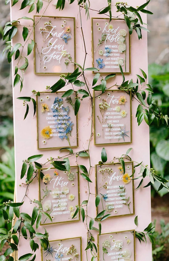 escort card display, outdoor escort card display, boho wedding ideas, pressed flower frame escort cards