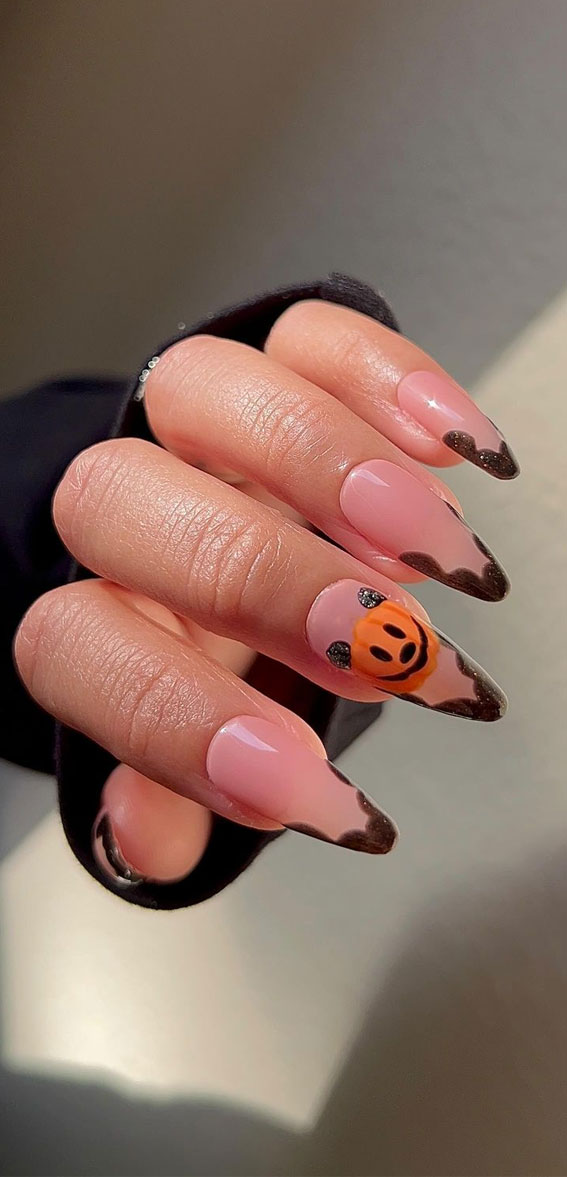 50 Best Halloween Nails 2022 : Mickey Pumpkin + Black Scallop Tip Nails