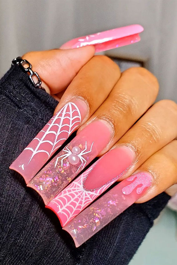 47 Cute & Spooky Halloween Nail Ideas 2022 : Black and Pink Spooky Nails 1  - Fab Mood