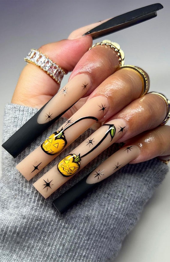 50 Best Halloween Nails 2022 : Black French + Pumpkin Face Nails