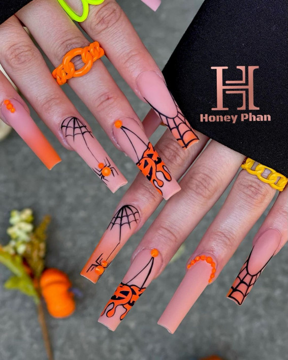 50 Best Halloween Nails 2022 : Orange Spider + Pumpkin Long Nails