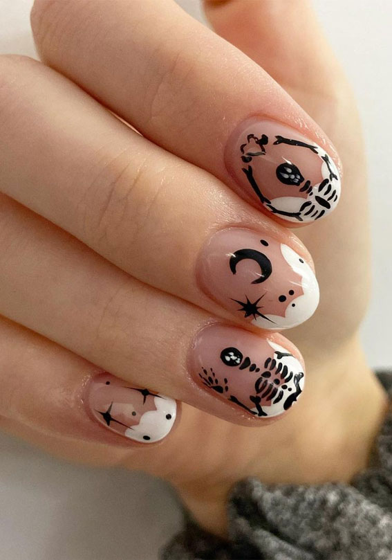 50 Best Halloween Nails 2022 : White Abstract Tips with Skeleton Nails