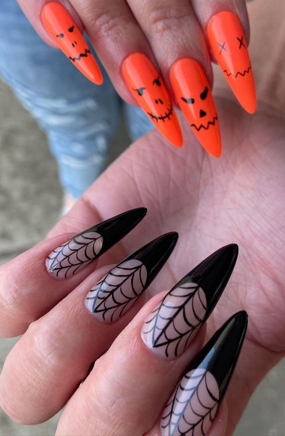 50 Best Halloween Nails 2022 : Spider Web + Orange Stiletto Nails