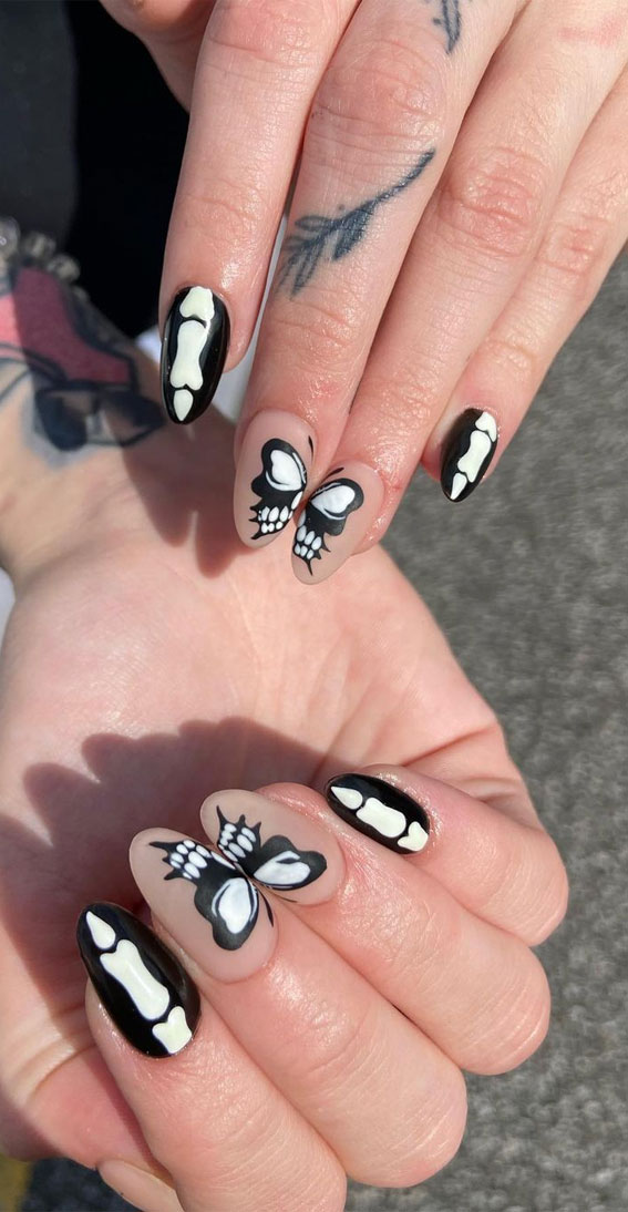 50 Best Halloween Nails 2022 : B & W Butterfly + Skeleton Nails
