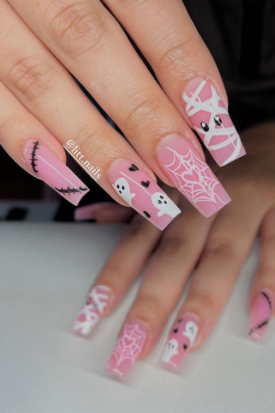 50 Best Halloween Nails 2022 : Sheer Pink Halloween Nails