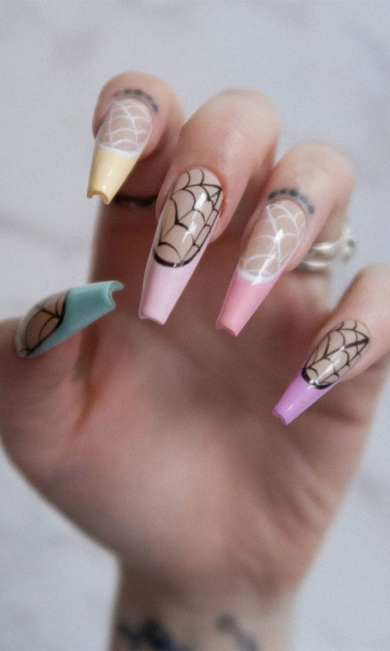 50 Best Halloween Nails 2022 : Pastel French Tip + Cob Web Nails