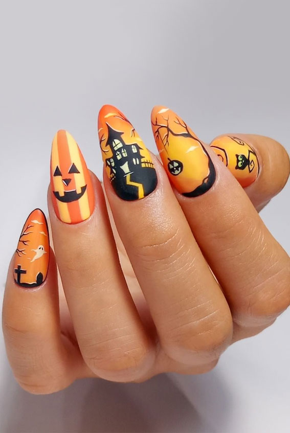 50 Best Halloween Nails 2022 : Orange Spooky Nails