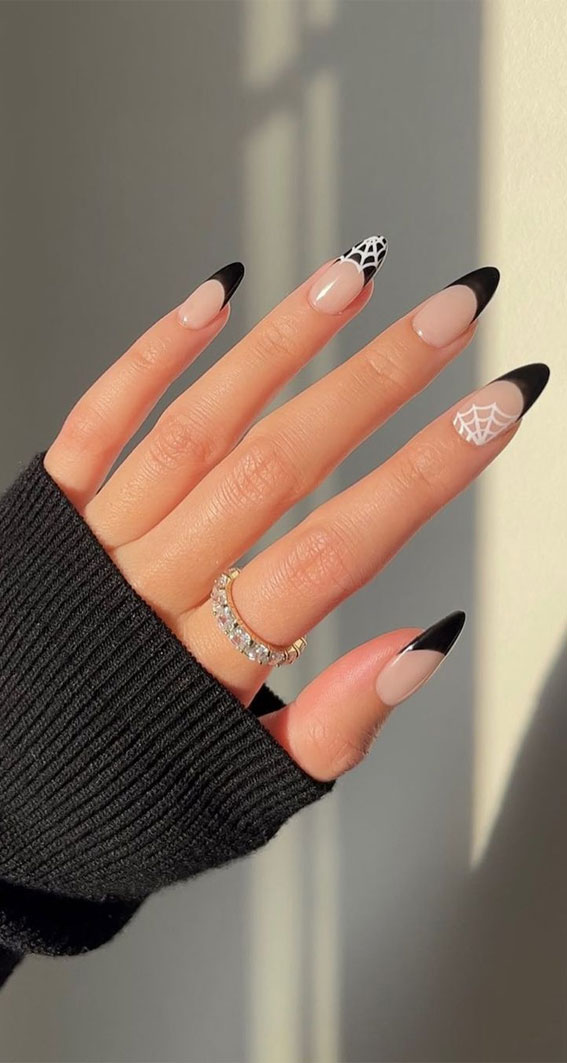 50 Best Halloween Nails 2022 : Black French Nails with Spider Web