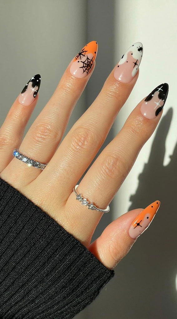 50 Best Halloween Nails 2022 : Black, Orange and White Abstract Tip Nails
