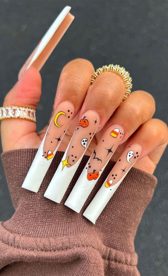 50 Best Halloween Nails 2022 : Fun Halloween Long French Nails