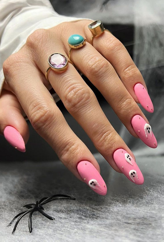 ghost pink almond nails, halloween pink nails, halloween nails, halloween nail colors, halloween nail art, halloween nail designs 2022, cute halloween nails, halloween nails coffin, halloween nail ideas 2022
