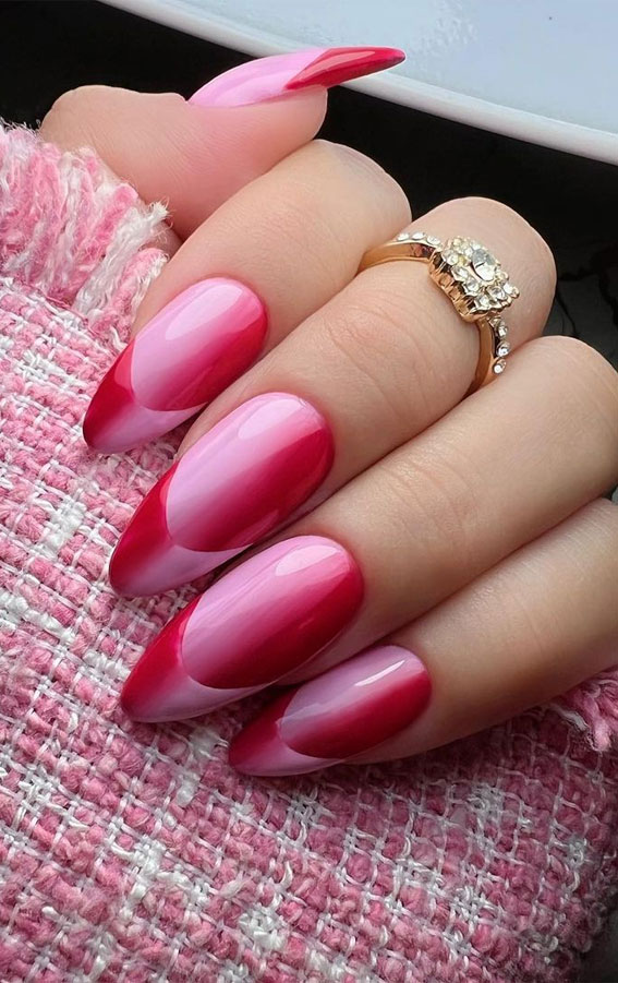 35 Best Optical Illusion Nails : Pink and Red Ombre French Nails