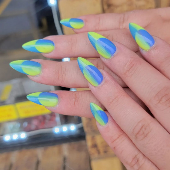 35 Best Optical Illusion Nails : Bright Blue and Neon Green Illusion Nails