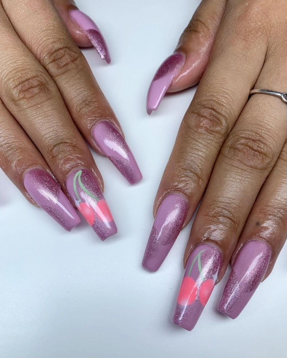 35 Best Optical Illusion Nails : Mauve & Glitter Nails with Cherries
