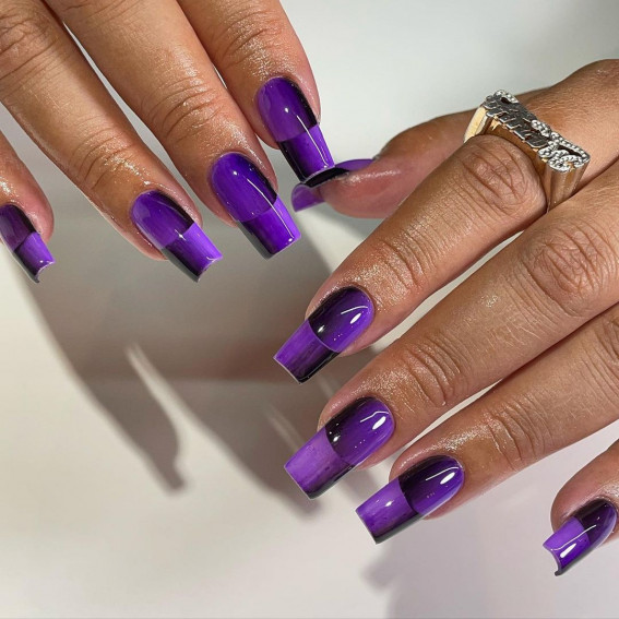 35 Best Optical Illusion Nails : Black and Purple Ombre French Nails