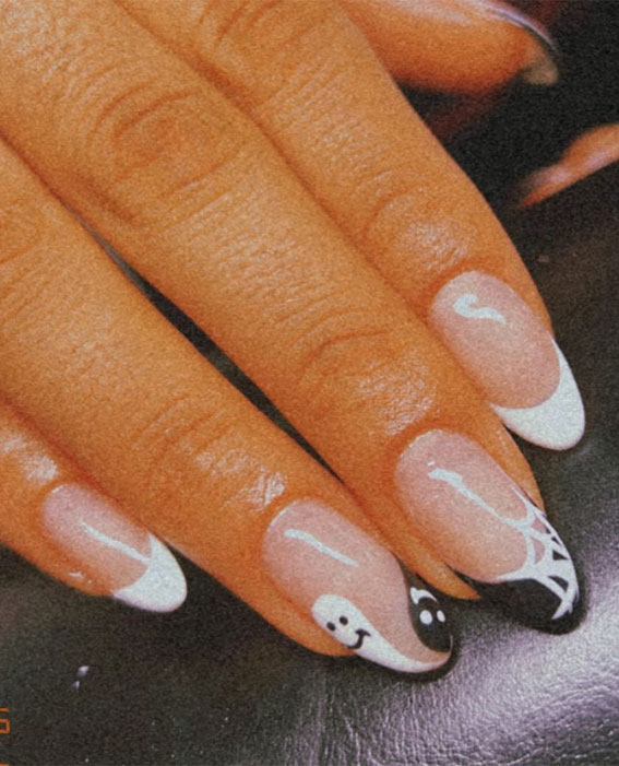50 Best Halloween Nails 2022 : Black & White Ghosts + Spider Web French Tips