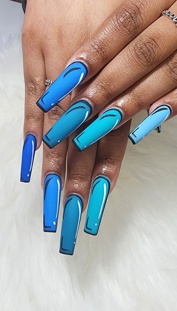 gradient blue pop art nails, pop art nail ideas, pop art nails 2022, comic book nails, pop art nail designs, colorful nails, creative nail ideas, french pop art nails, skittle pop art nails, colorful pop art nails, simple pop art nails