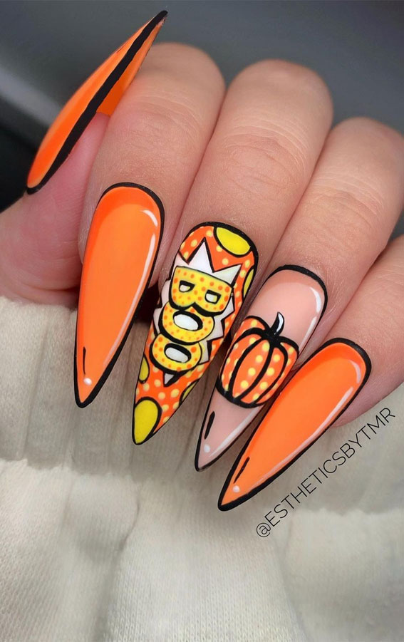 25 Fabulous Pop Art Nail Ideas You Should Try : Orange Halloween Nails