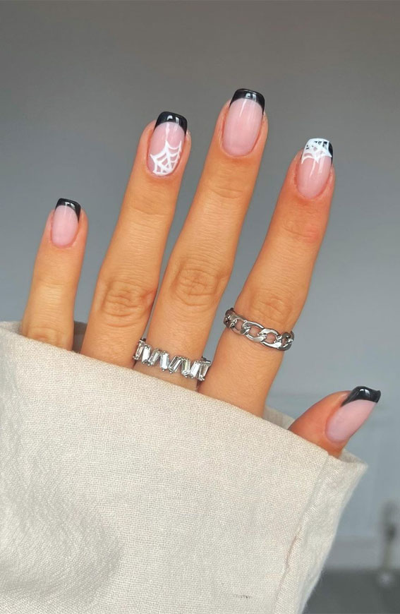 50 Cute Spooky Halloween Nail Ideas : Black French Round Nails with Cobwebs