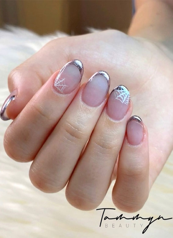 50 Cute Spooky Halloween Nail Ideas : Cobwebs + Gold French Manicure