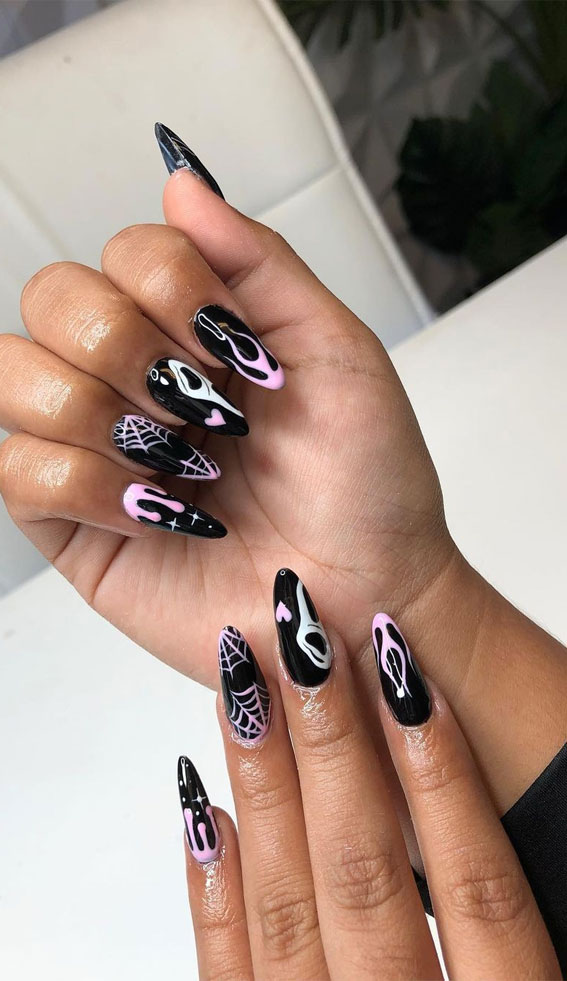 50 Cute Spooky Halloween Nail Ideas : Black and Pink Spooky Nails