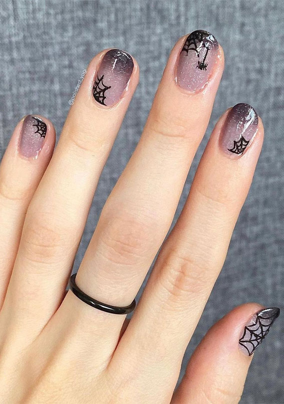 50 Cute Spooky Halloween Nail Ideas : Ombre Smokey Nails with Spider Webs