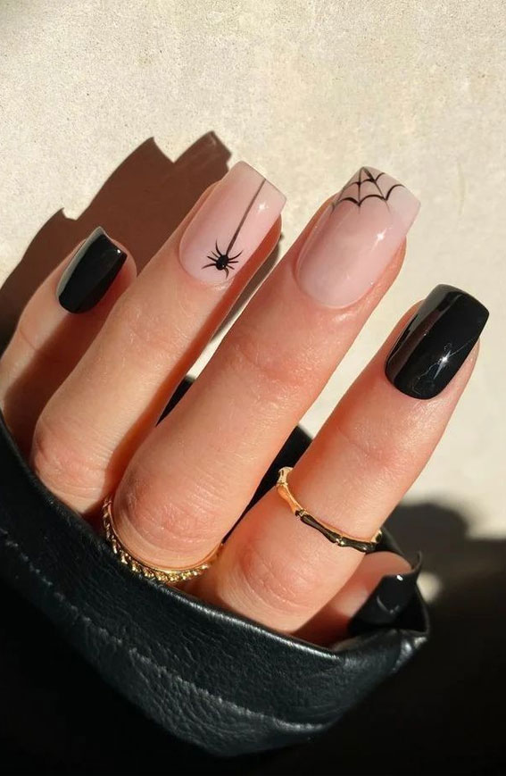 50 Cute Spooky Halloween Nail Ideas : Black Nails + Spider Subtle Nails