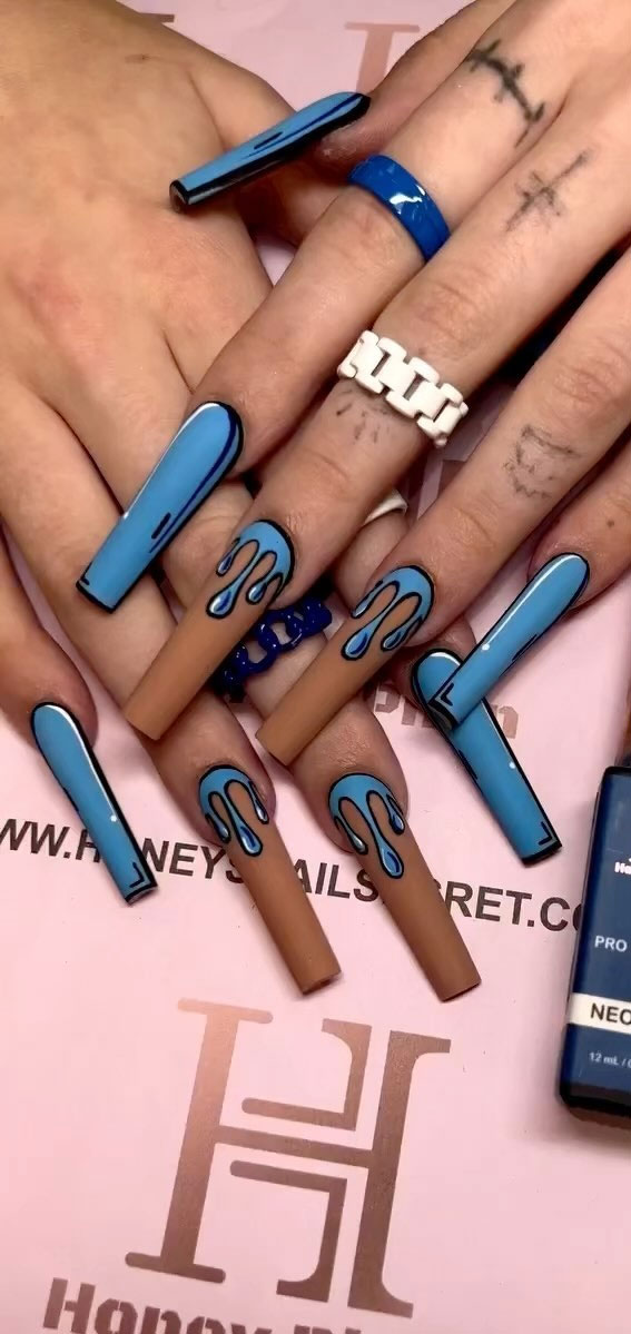 25 Fabulous Pop Art Nail Ideas You Should Try : Blue Drip Brown Nails