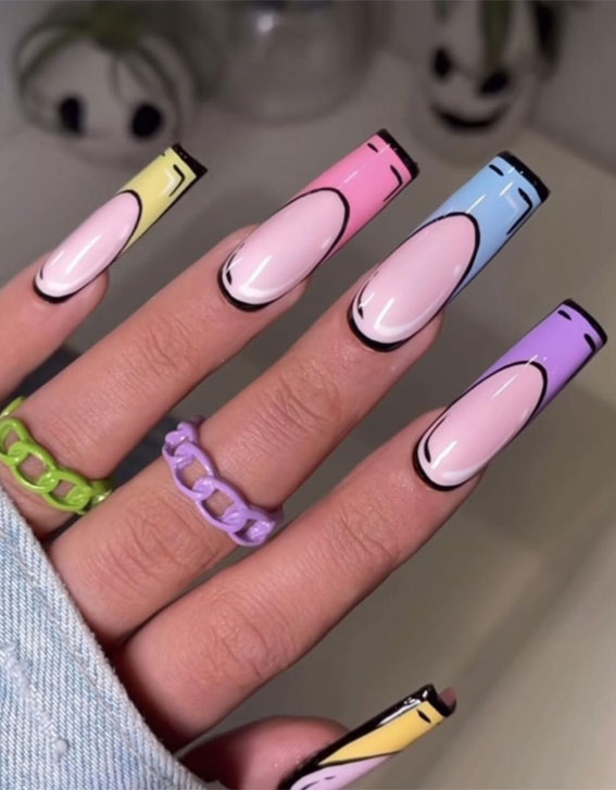 25 Fabulous Pop Art Nail Ideas You Should Try : Pastel Skittle French Acrylic Nails