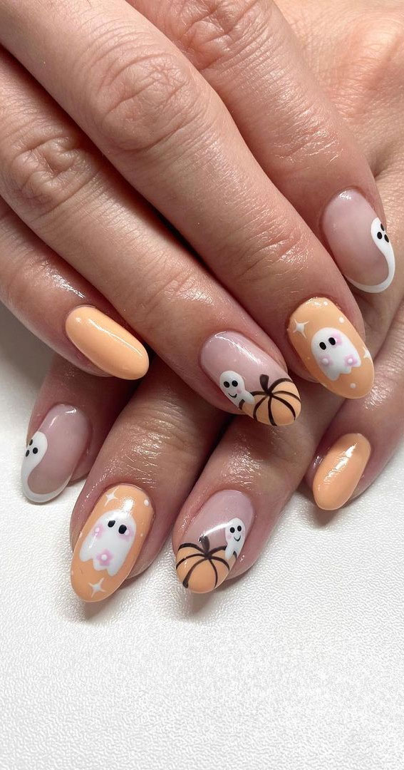 50 Cute Spooky Halloween Nail Ideas : Soft Peach Spooky Nails