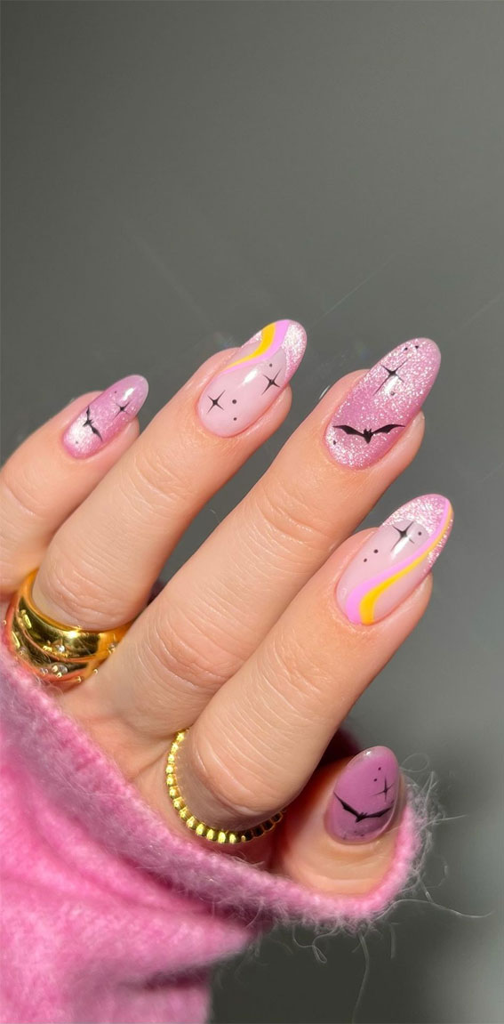 50 Cute Spooky Halloween Nail Ideas : Sparkle Pink Spooky Nails