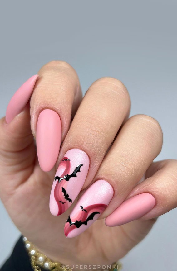 50 Cute Spooky Halloween Nail Ideas : Pink Swirl Pink Nails with Bats