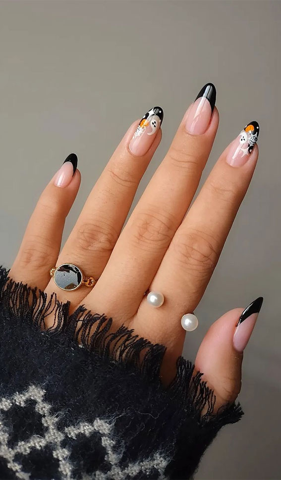 50 Cute Spooky Halloween Nail Ideas : Black Tip Nails with Spooky Details